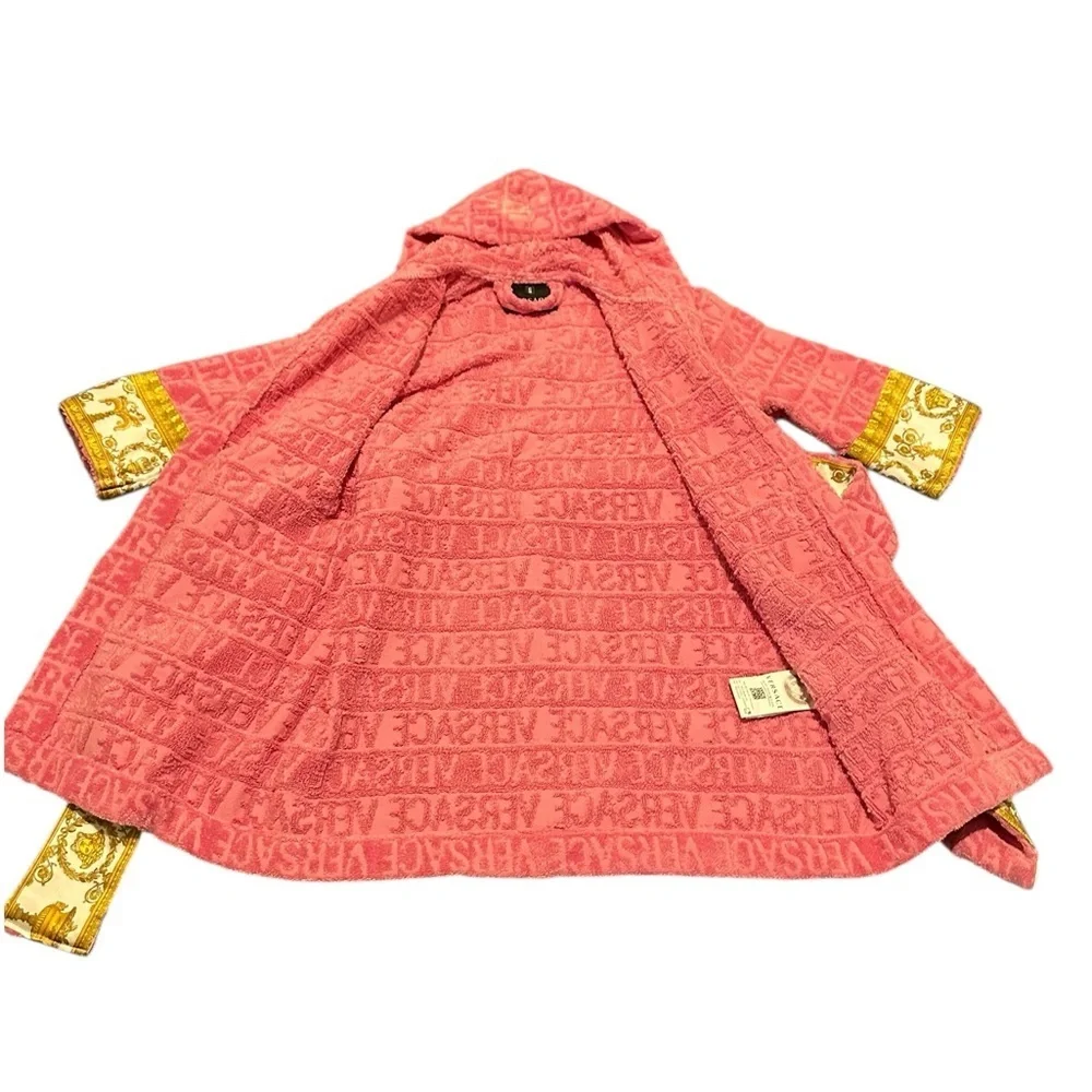 Versace Kids Coral Hooded Pajama Robe with Gold Baroque Trim, pre-owned